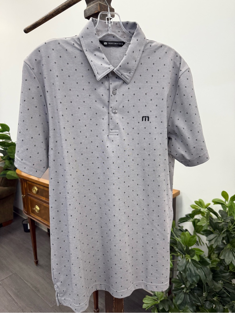 Travis Mathew Light Gray Polo with Navy Micro Dot Pattern